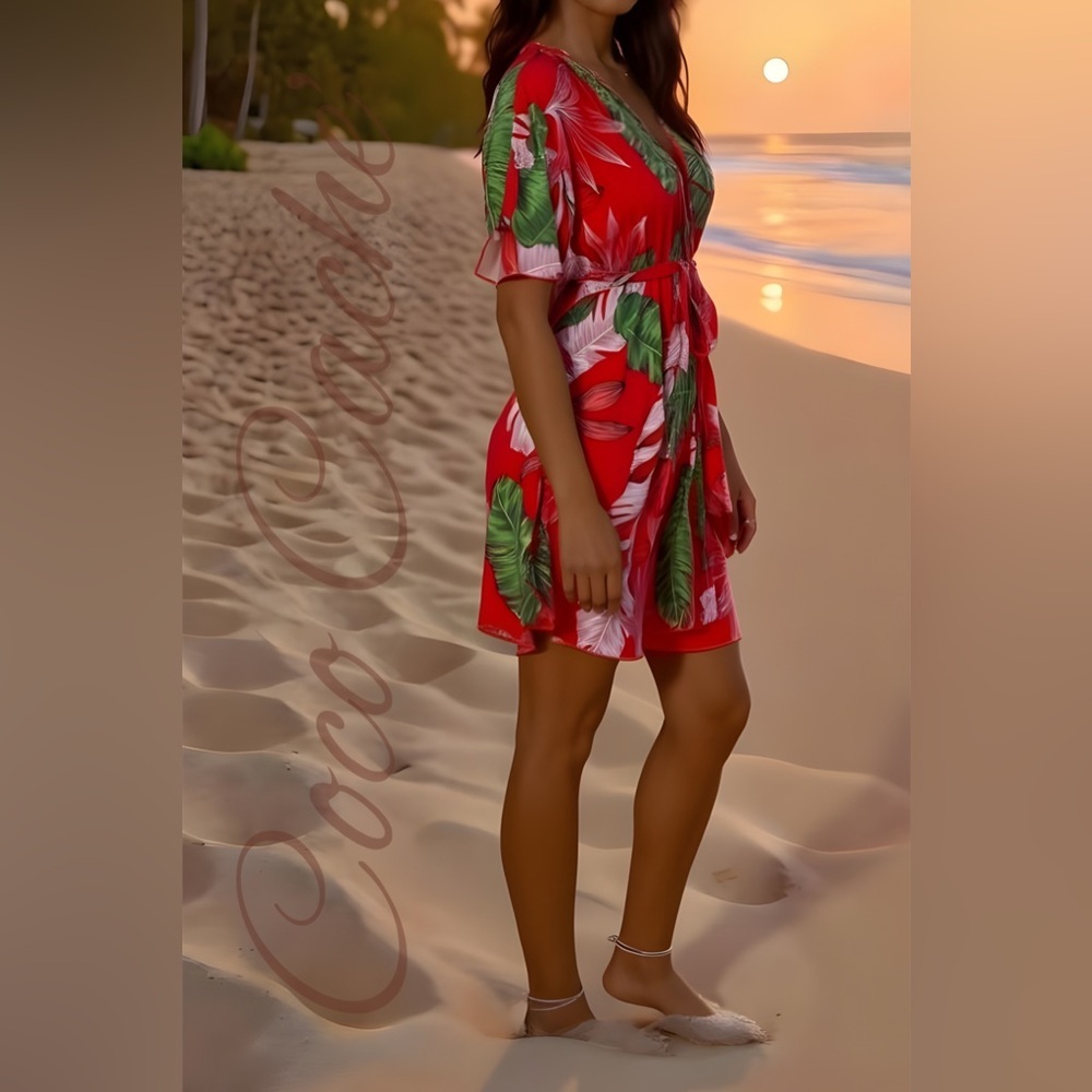 Tropical Print Dolman Sleeve Plunging Neck Belted Dress - Picture 5 of 9